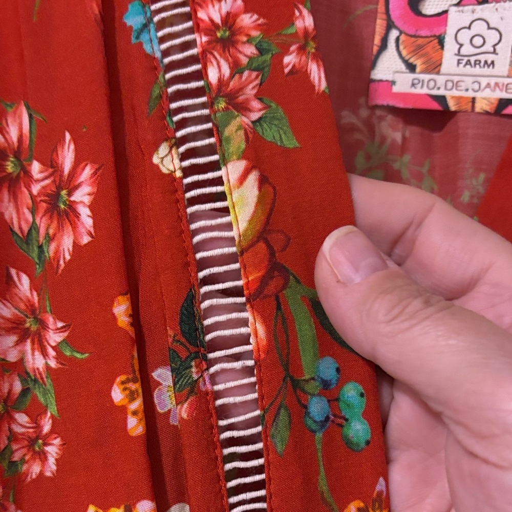 FARM Rio…Sz Large…Burnt Orange Floral Midi Length Wrap Dress W Ruffles - Picture 8 of 11